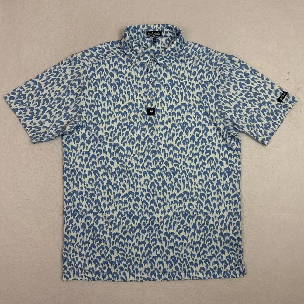 Bad Birdie Men’s L Golf Polo Shirt Blue & White Leopard Animal Print Performance